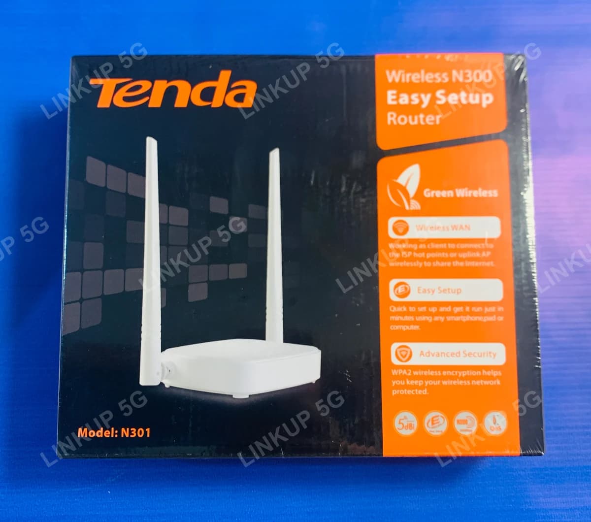 Tenda N301 Wireless N300 router retail box, front view showing the two-antenna router and key features