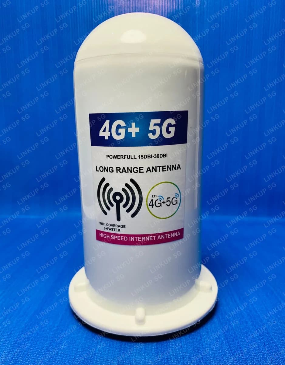 HAOA-0809 high-gain 4G and 5G external antenna standing on its coiled cable, SMA-male connector in front