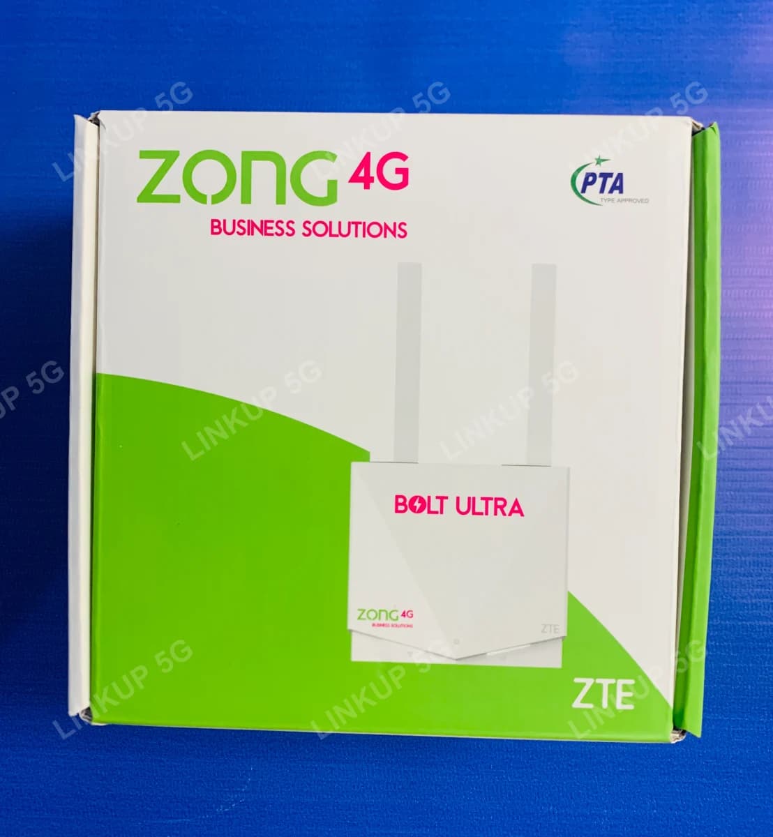 Zong 4G Business Solutions 'Bolt Ultra' retail box showing the PTA type-approved mark and ZTE branding